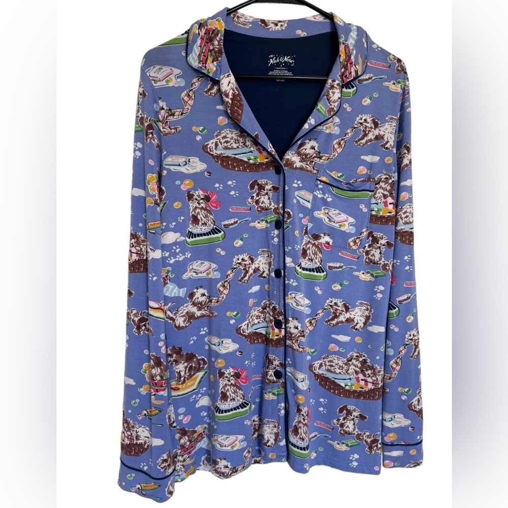 Nick and Nora Pajama Top Dog Grooming Bubble Bath Button Down Size Small